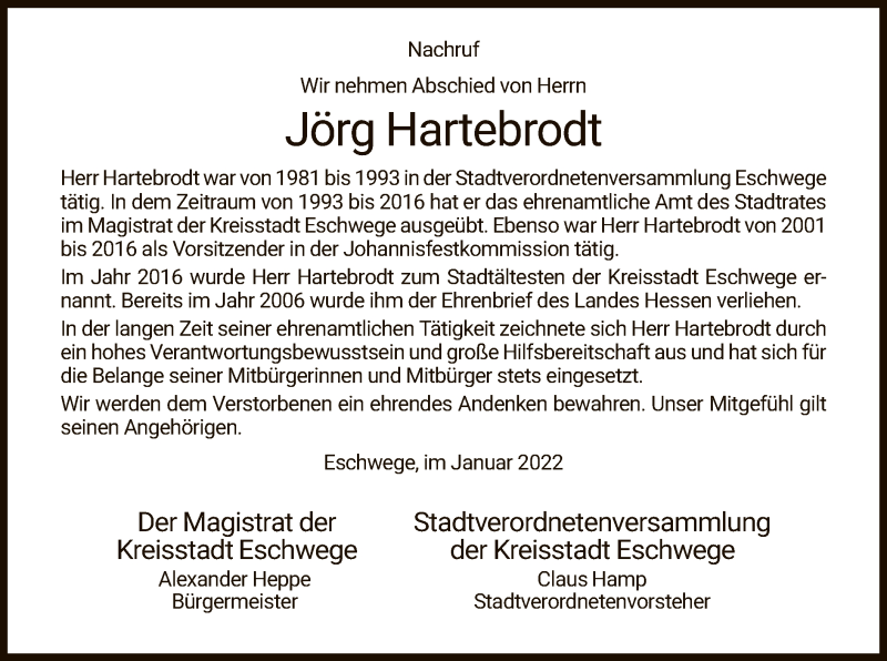  Traueranzeige für Jörg Hartebrodt vom 11.01.2022 aus WRS