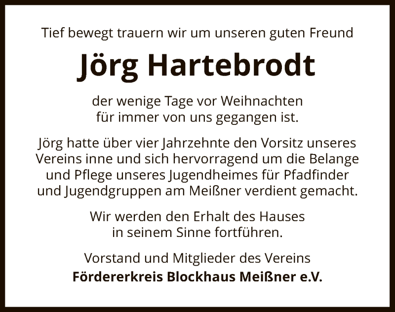  Traueranzeige für Jörg Hartebrodt vom 08.01.2022 aus WRS