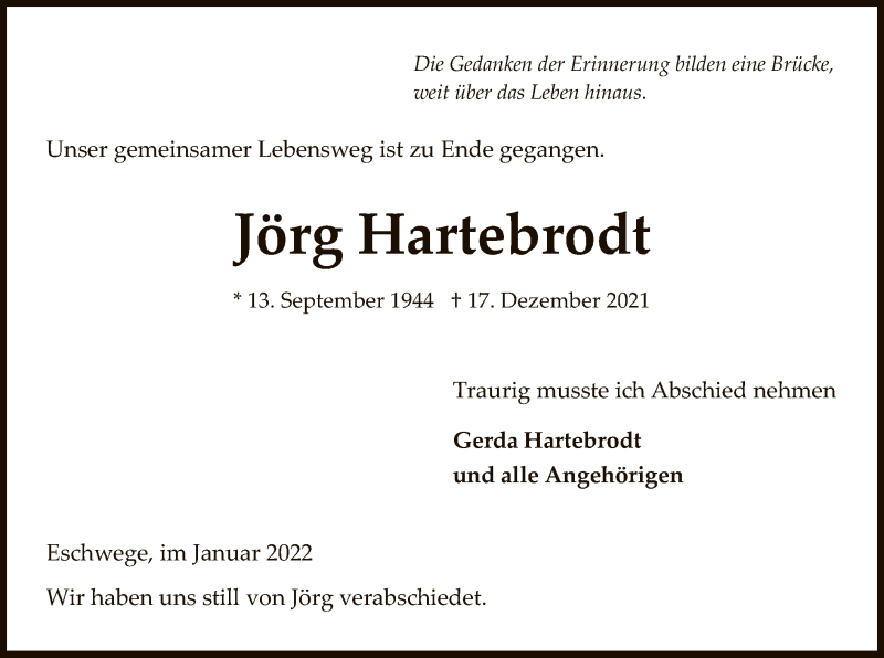  Traueranzeige für Jörg Hartebrodt vom 08.01.2022 aus WRS