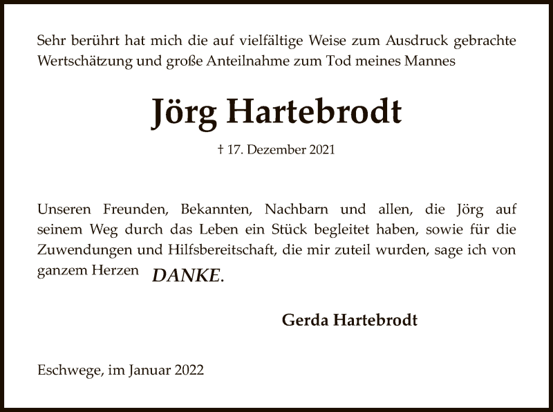  Traueranzeige für Jörg Hartebrodt vom 22.01.2022 aus WRS