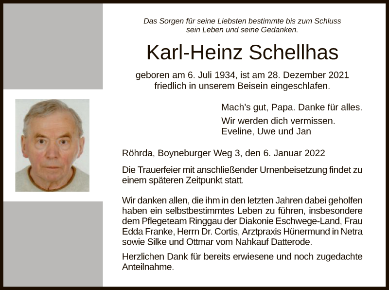  Traueranzeige für Karl-Heinz Schellhas vom 08.01.2022 aus WRS