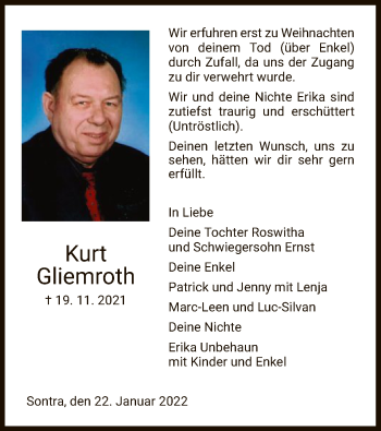 Traueranzeige von Kurt Gliemroth von WRS