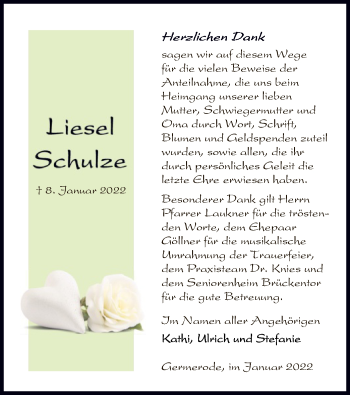 Traueranzeige von Liesel Schulze von WRS