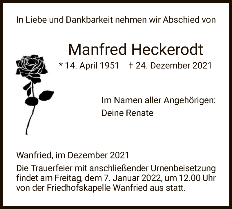  Traueranzeige für Manfred Heckerodt vom 05.01.2022 aus WRS