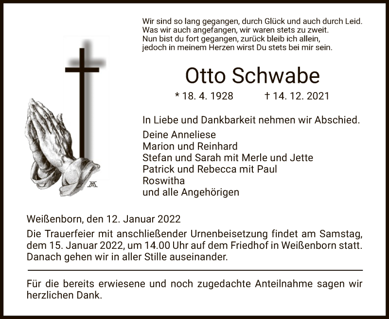  Traueranzeige für Otto Schwabe vom 12.01.2022 aus WRS