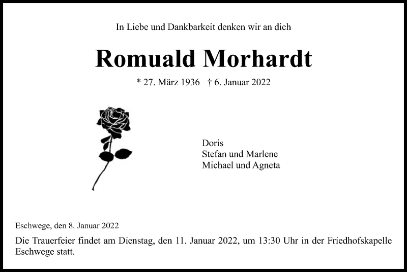  Traueranzeige für Romuald Morhardt vom 08.01.2022 aus WRS
