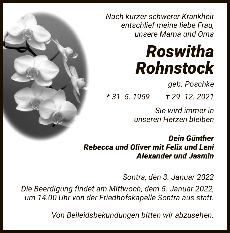  Traueranzeige für Roswitha Rohnstock vom 03.01.2022 aus WRS