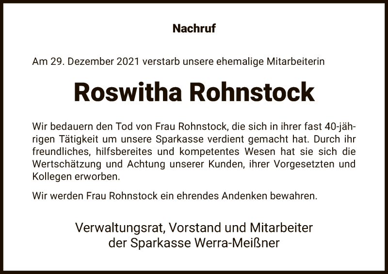  Traueranzeige für Roswitha Rohnstock vom 05.01.2022 aus WRS