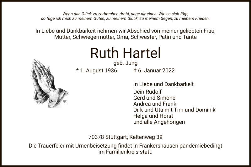  Traueranzeige für Ruth Hartel vom 15.01.2022 aus WRS