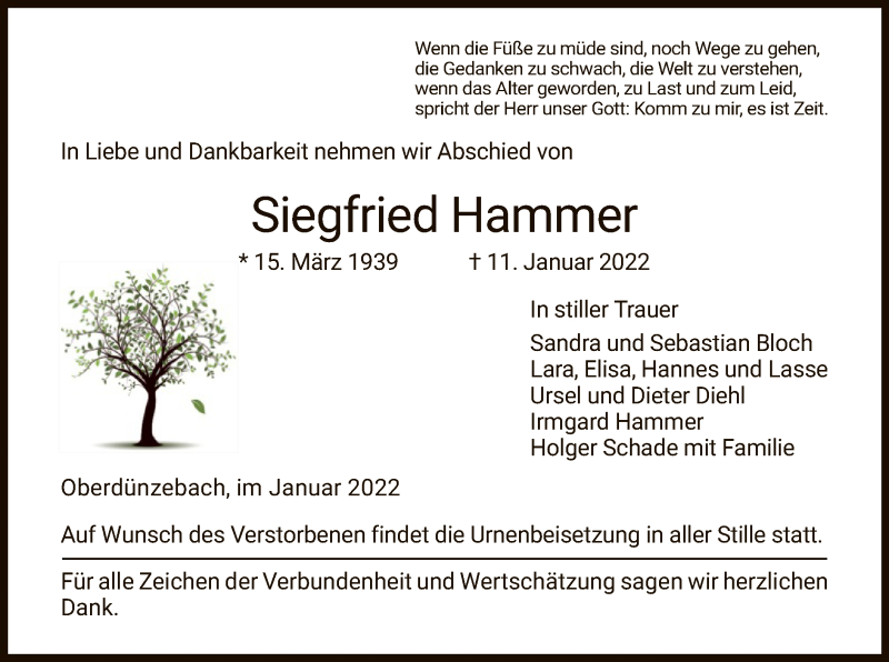  Traueranzeige für Siegfried Hammer vom 15.01.2022 aus WRS