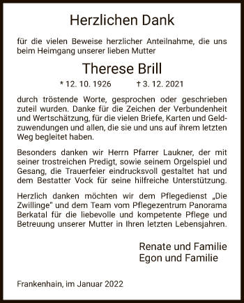 Traueranzeige von Therese Brill von WRS