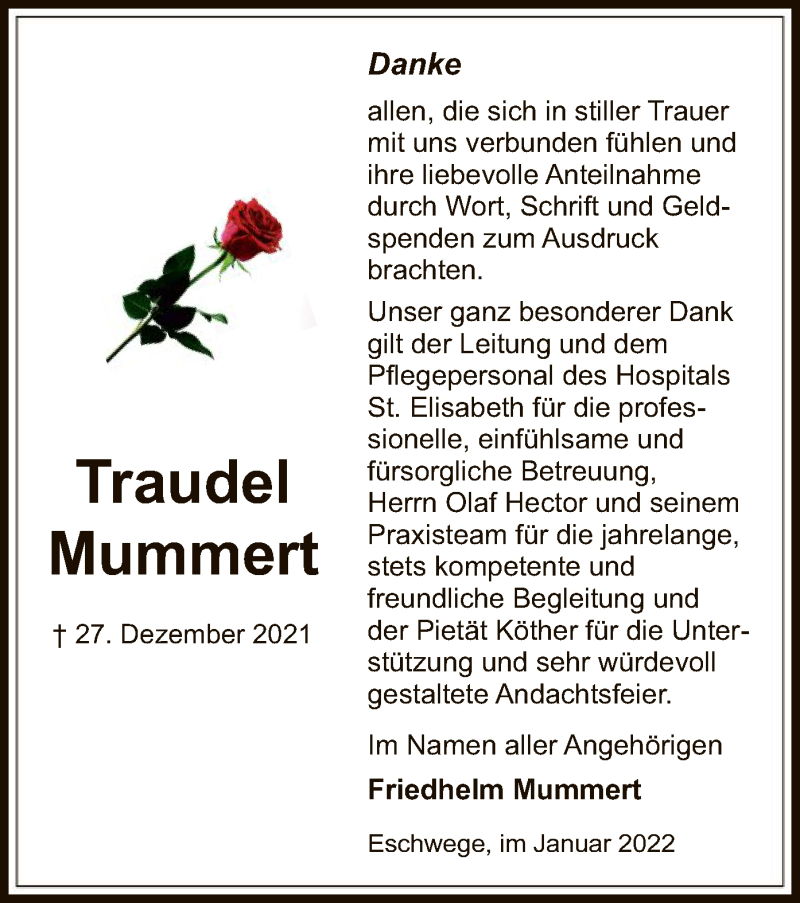  Traueranzeige für Traudel Mummert vom 26.01.2022 aus WRS