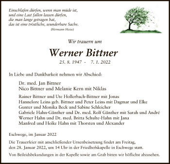 Traueranzeige von Werner Bittner von WRS