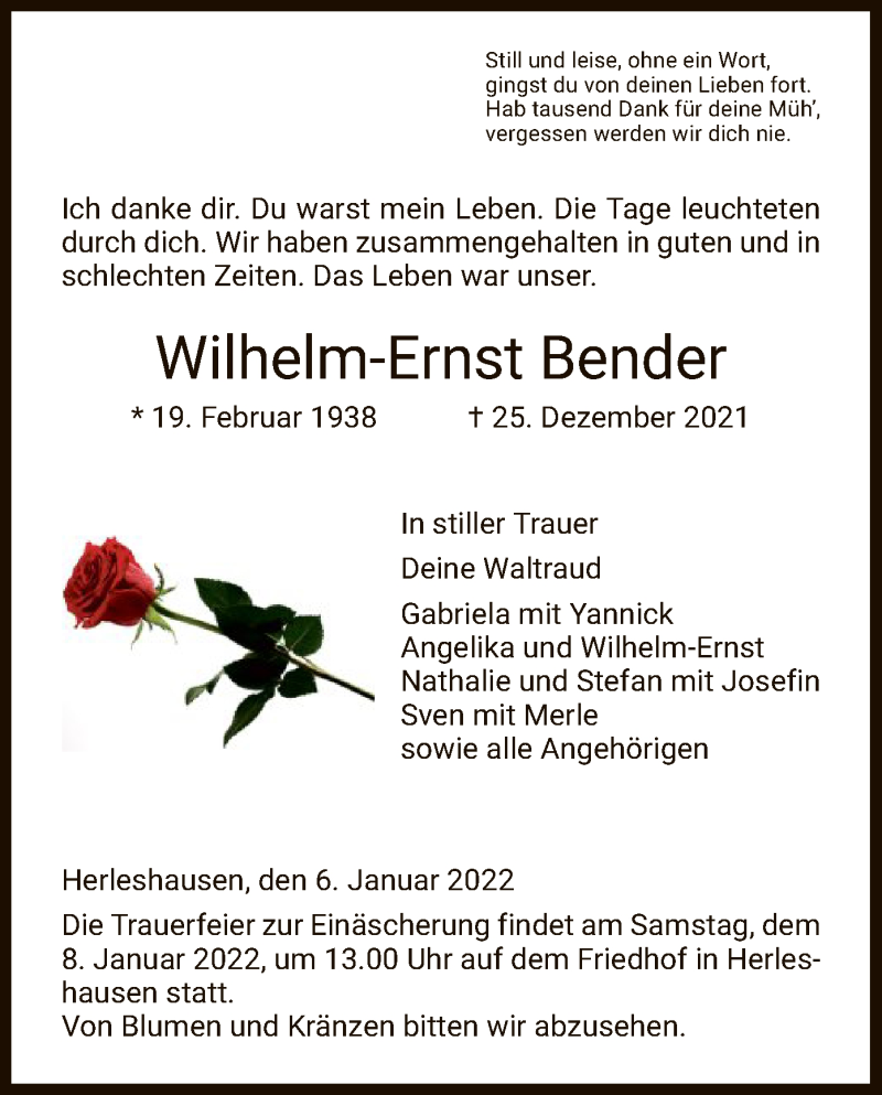  Traueranzeige für Wilhelm-Ernst Bender vom 06.01.2022 aus WRS