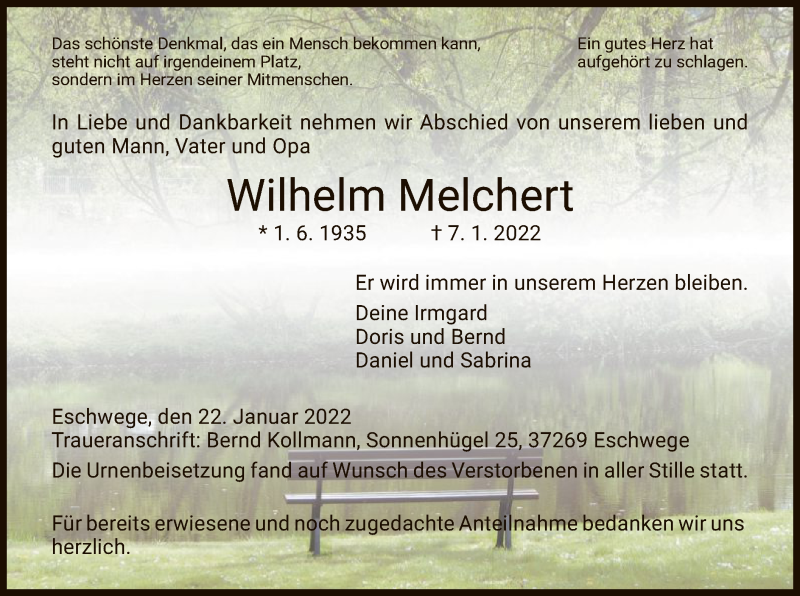  Traueranzeige für Wilhelm Melchert vom 22.01.2022 aus WRS