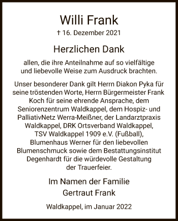 Traueranzeige von Willi Frank von WRS