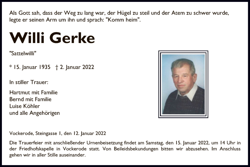  Traueranzeige für Willi Gerke vom 12.01.2022 aus WRS