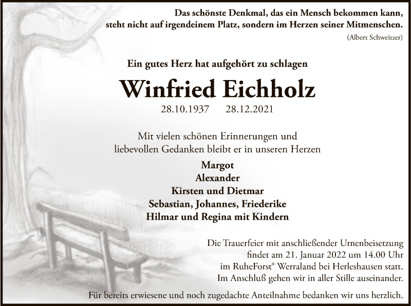  Traueranzeige für Winfried Eichholz vom 15.01.2022 aus WRS