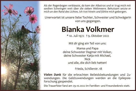 Traueranzeige von Bianka Volkmer von WRS