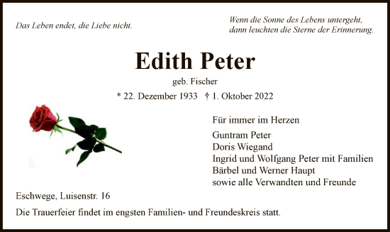 Traueranzeige von Edith Peter von WRS