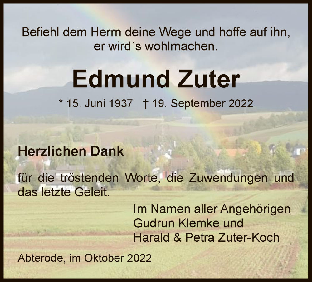  Traueranzeige für Edmund Zuter vom 15.10.2022 aus WRS