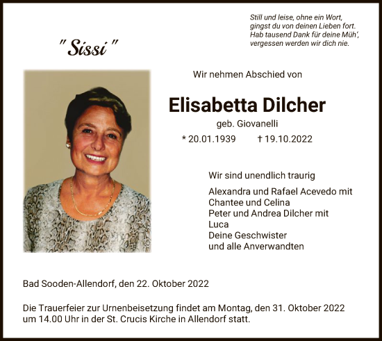 Traueranzeige von Elisabetta Dilcher von WRS