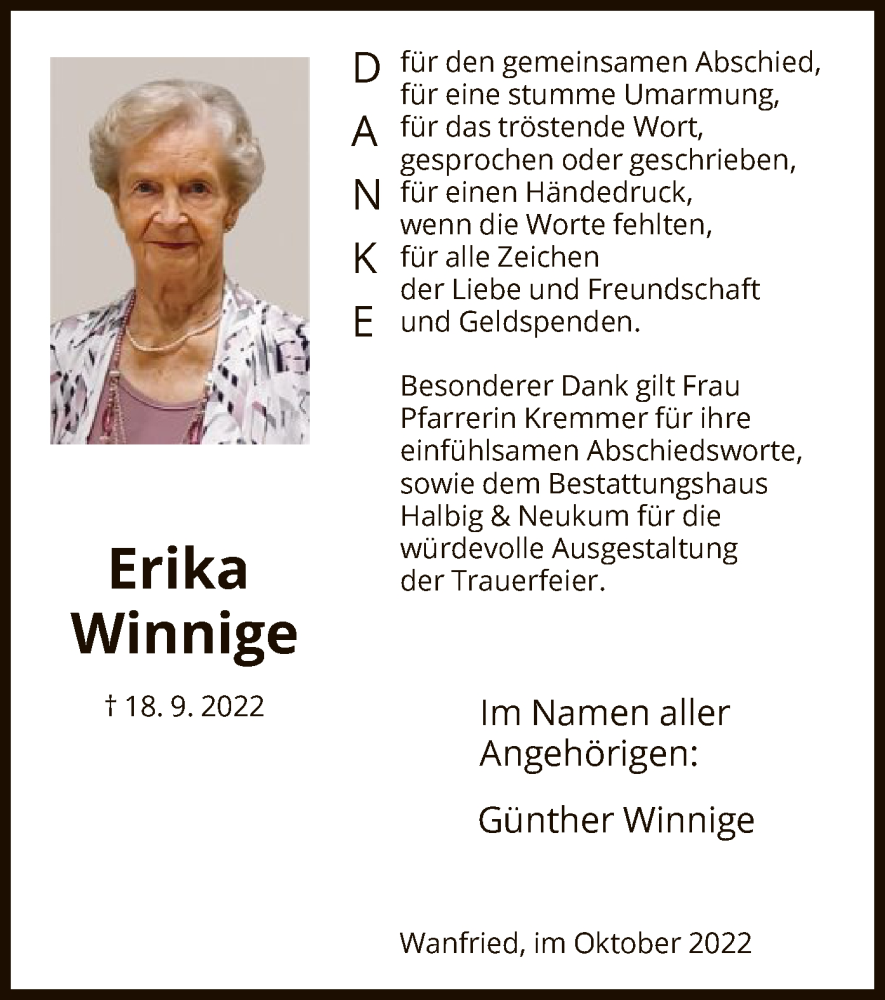  Traueranzeige für Erika Winnige vom 15.10.2022 aus WRS