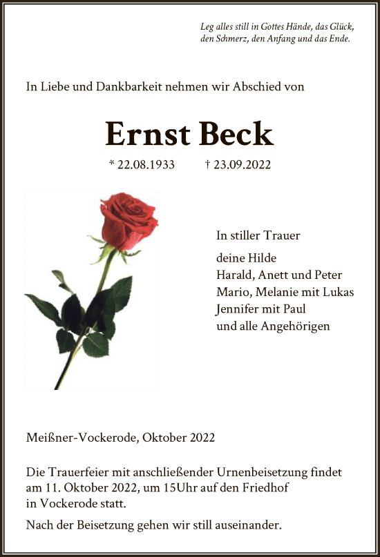 Traueranzeige von Ernst Beck von WRS