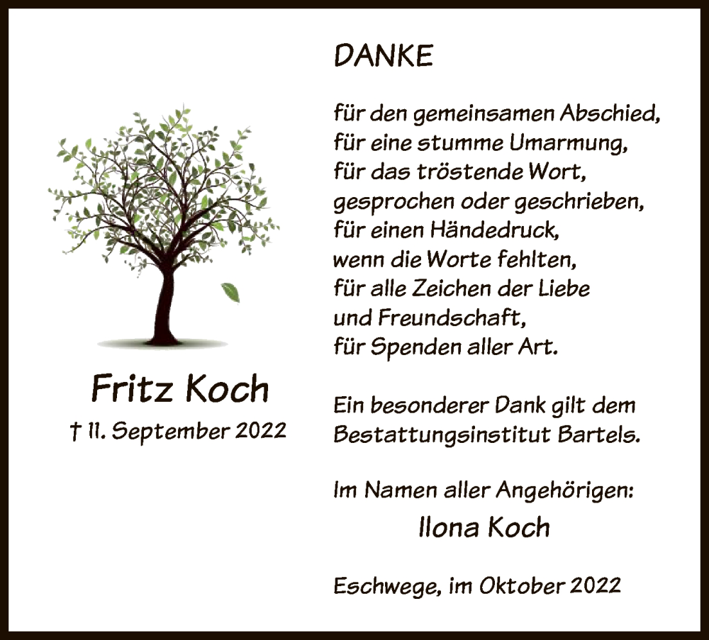  Traueranzeige für Fritz Koch vom 12.10.2022 aus WRS