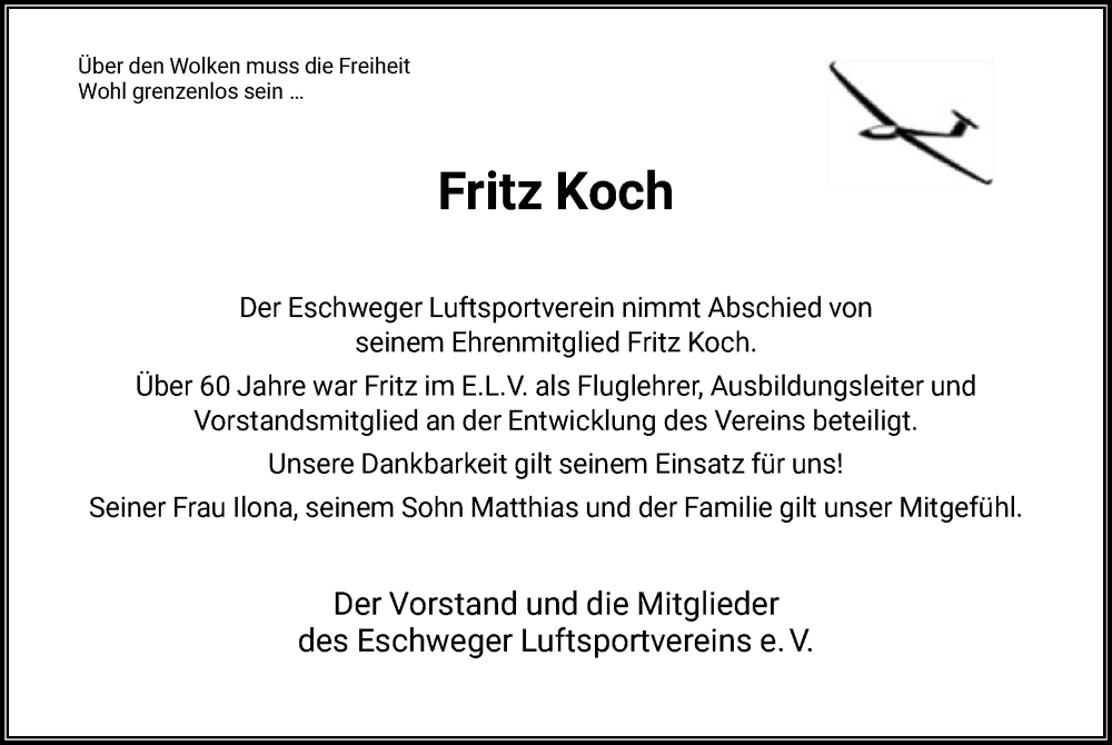  Traueranzeige für Fritz Koch vom 14.10.2022 aus WRS