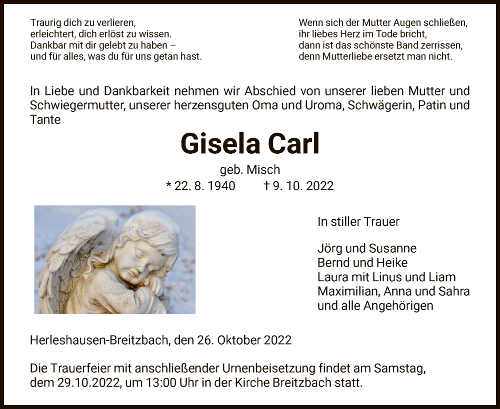 Traueranzeige für Gisela Carl vom 26.10.2022 aus WRS