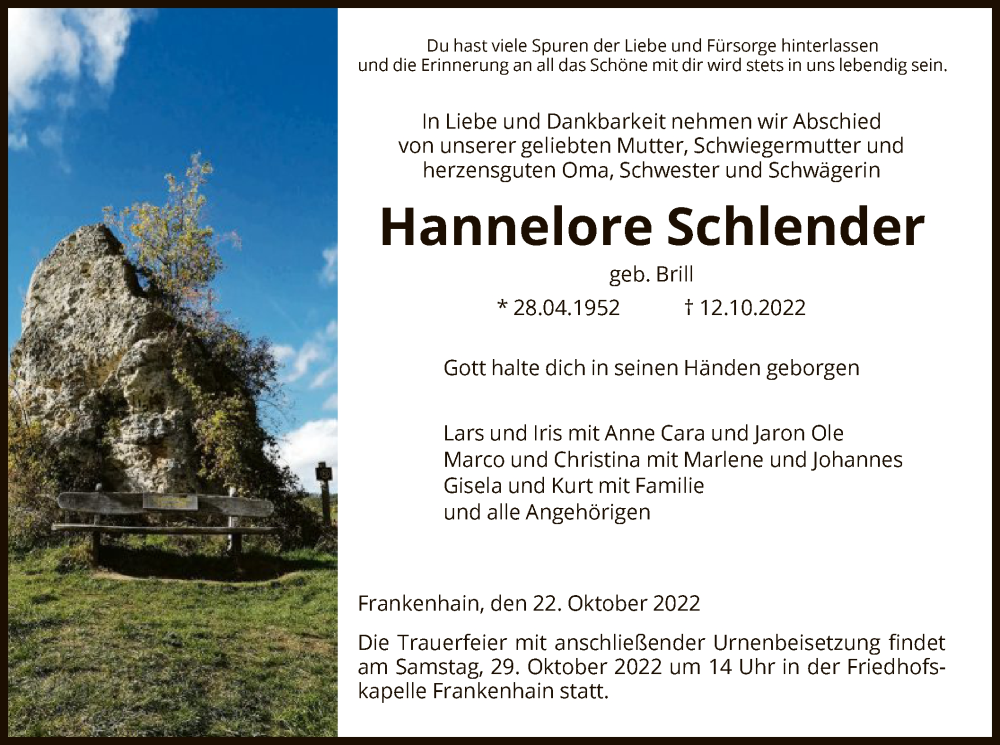  Traueranzeige für Hannelore Schlender vom 22.10.2022 aus WRS