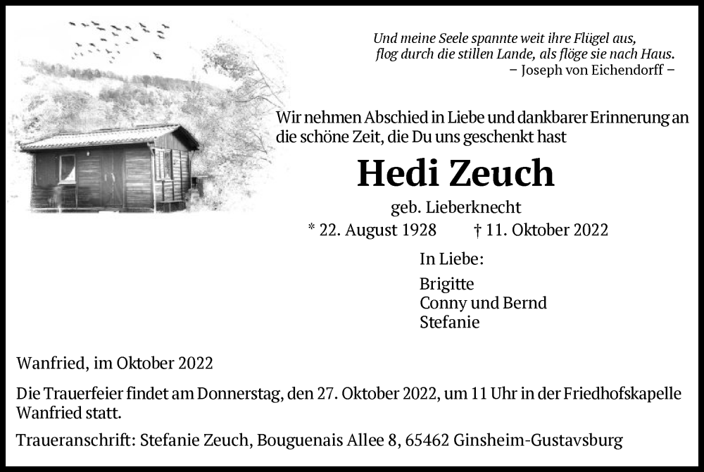  Traueranzeige für Hedi Zeuch vom 25.10.2022 aus WRS