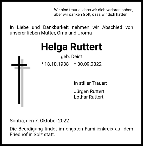 Traueranzeige von Helga Ruttert von WRS