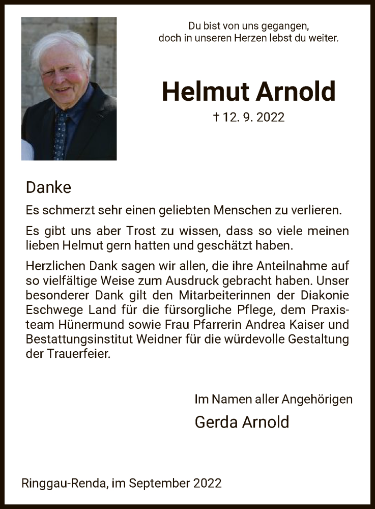  Traueranzeige für Helmut Arnold vom 01.10.2022 aus WRS