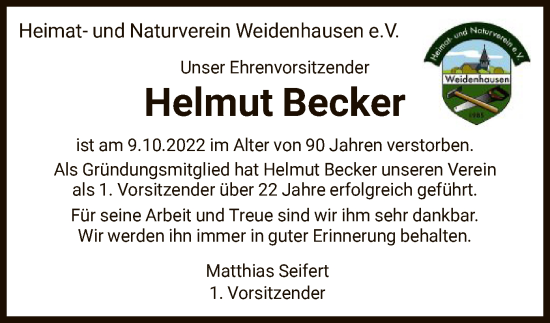 Traueranzeige von Helmut Becker von WRS