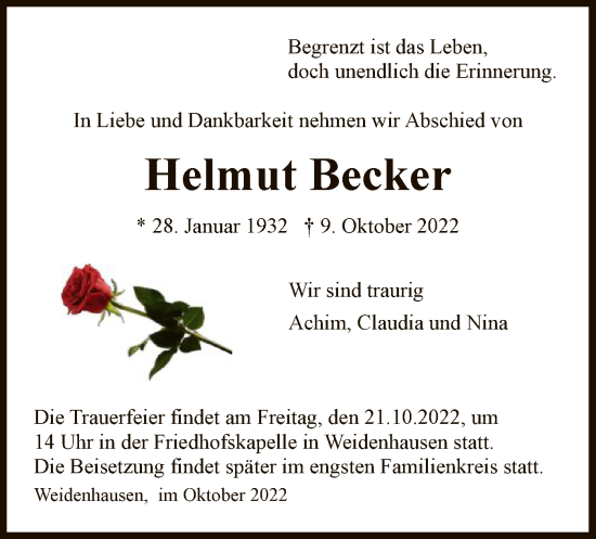 Traueranzeige von Helmut Becker von WRS