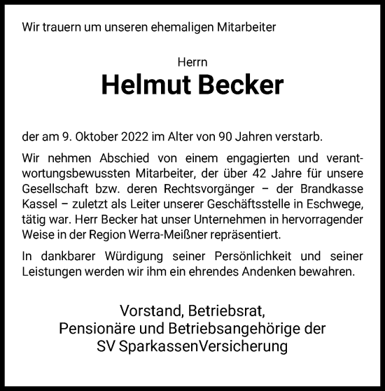 Traueranzeige von Helmut Becker von HNA