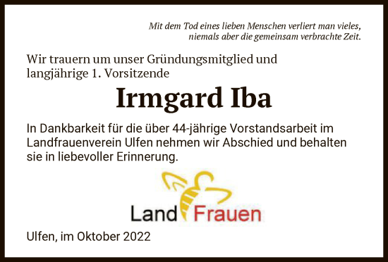 Traueranzeige von Irmgard Iba von WRS