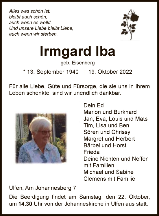 Traueranzeige von Irmgard Iba von WRS