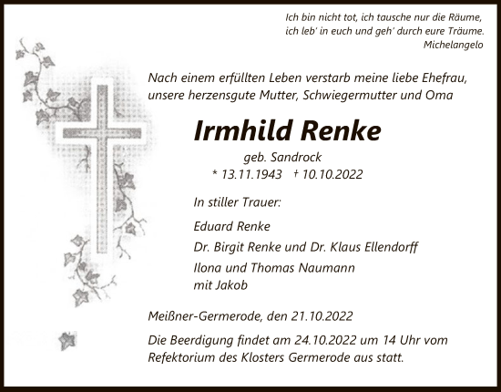 Traueranzeige von Irmhild Renke von WRS