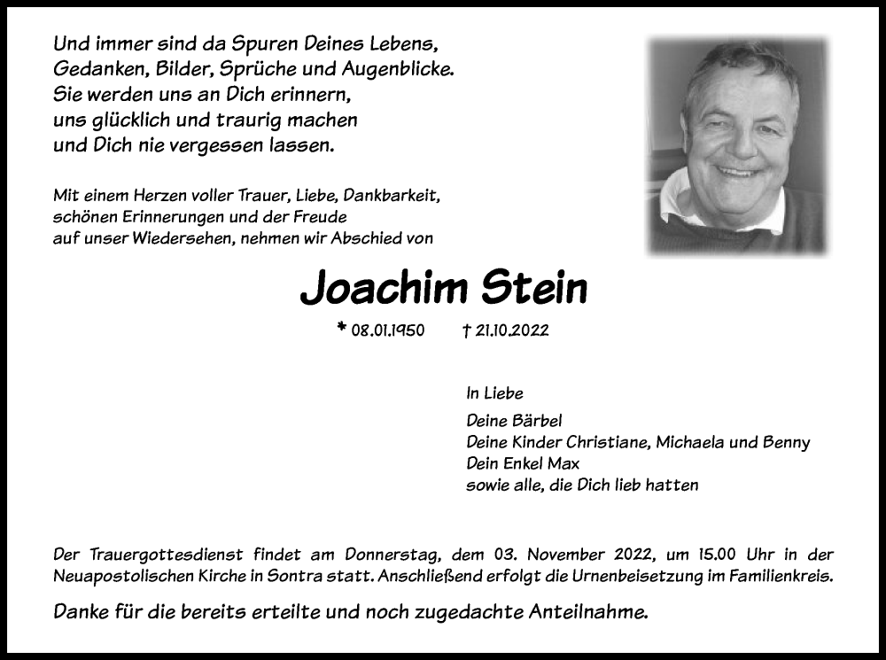  Traueranzeige für Joachim Stein vom 28.10.2022 aus WRS
