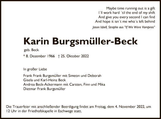 Traueranzeige von Karin Burgsmüller-Beck von WRS