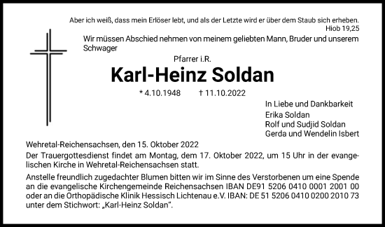 Traueranzeige von Karl-Heinz Soldan von WRS