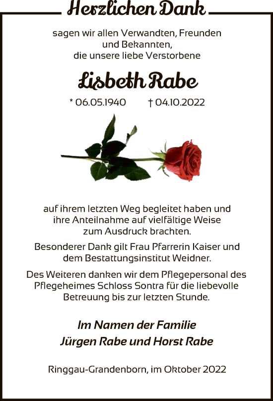 Traueranzeige von Lisbeth Rabe von WRS