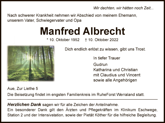 Traueranzeige von Manfred Albrecht von WRS