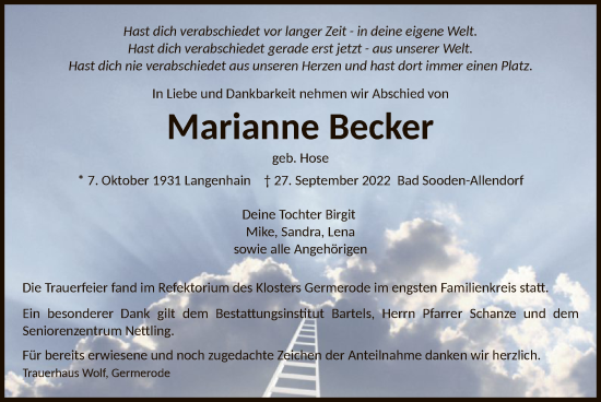 Traueranzeige von Marianne Becker von WRS