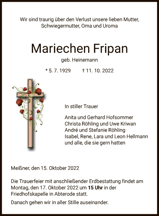 Traueranzeige von Mariechen Fripan von WRS