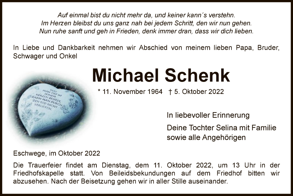  Traueranzeige für Michael Schenk vom 08.10.2022 aus WRS