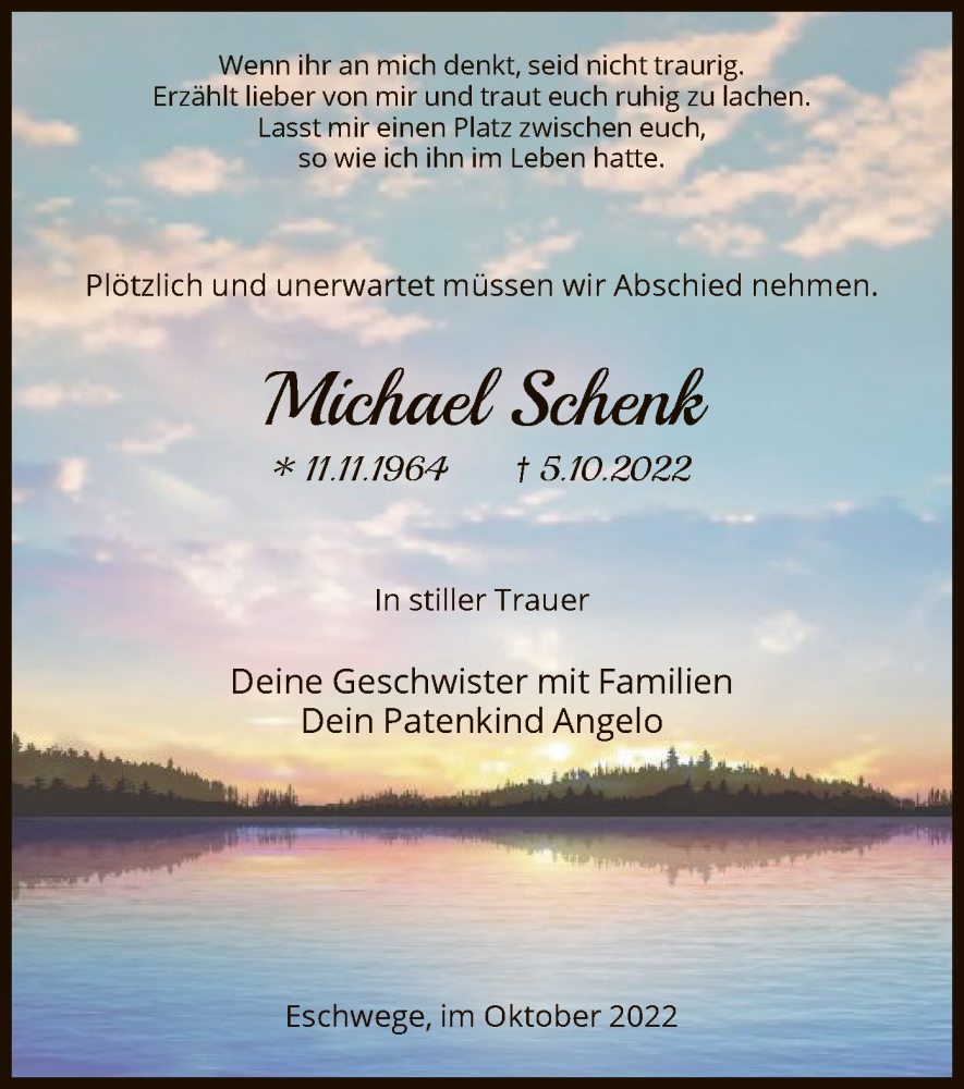  Traueranzeige für Michael Schenk vom 12.10.2022 aus WRS